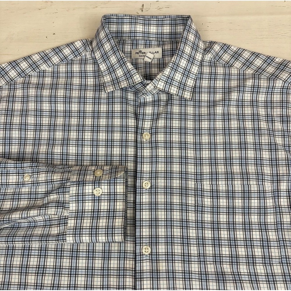 Peter Millar Plaid Shirt Mens Large Blue Polyester Summer Comfort Button-Up